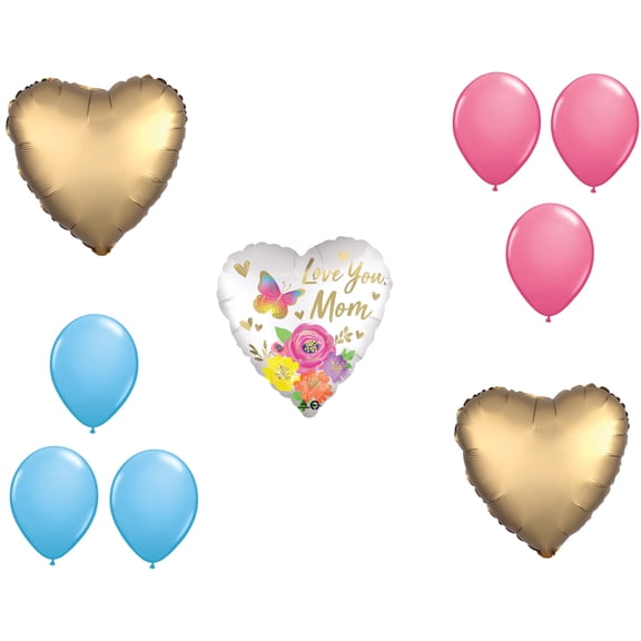 LOONBALLOON Mother's Day Theme Balloon Set, 28 Inch Jumbo Love You Mom Satin Floral Balloon, Heart Shape and 6x Latex Balloons