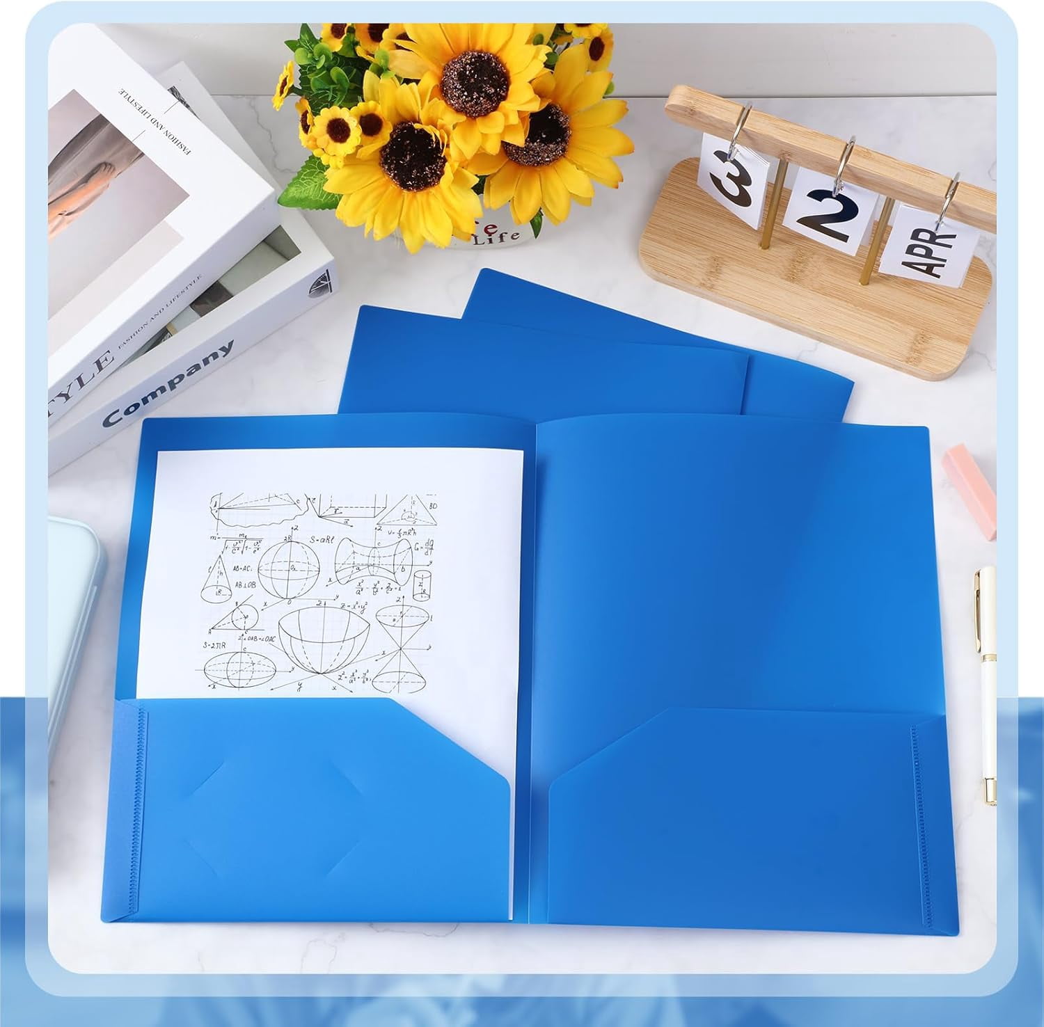 Heavy Duty Two Pocket Plastic Folders with Pockets, Letter Size School Office Folders, 11.61 x 9.45 Inches, Business Card Holder, Blue, 50 Pack