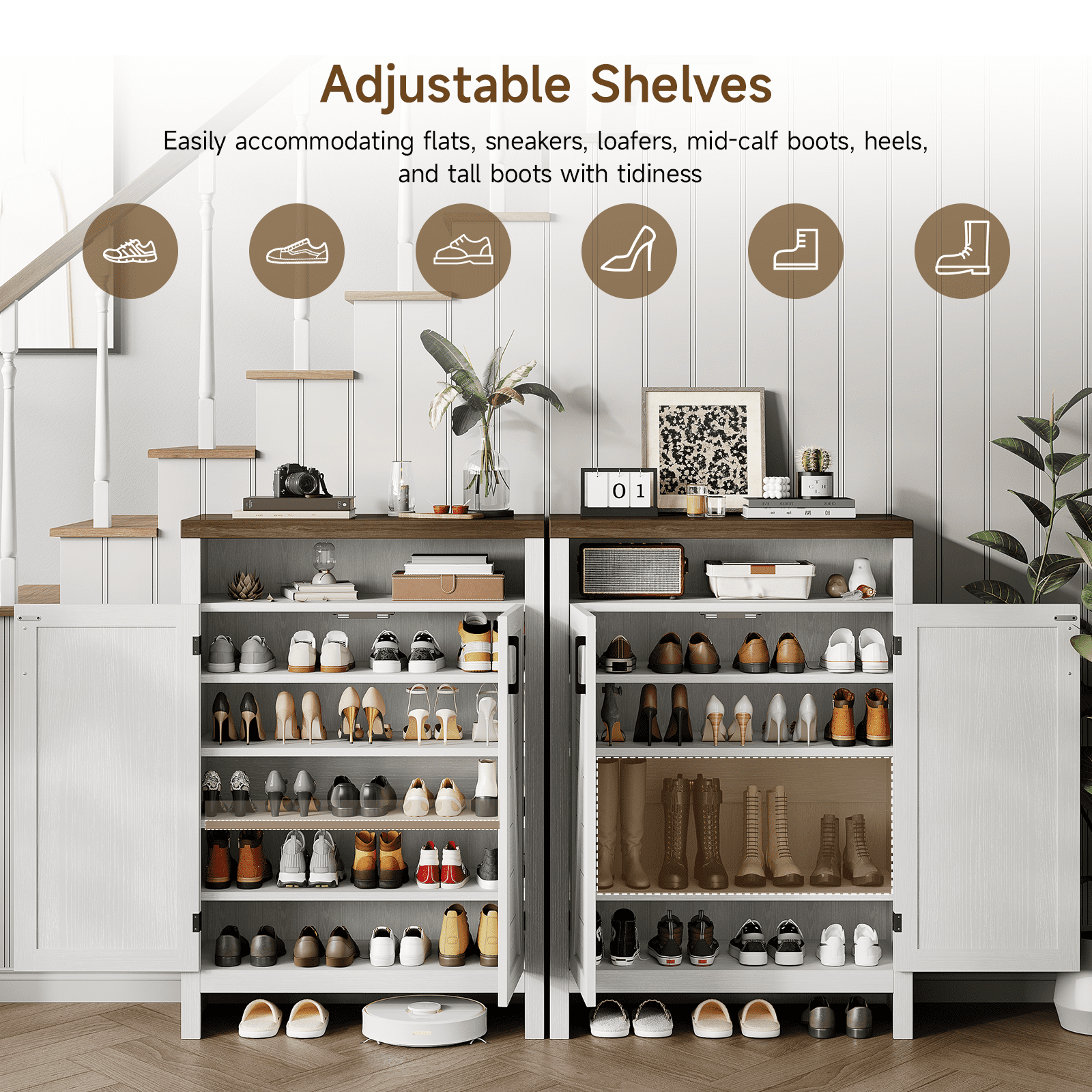 ONBRILL 6-Tier Shoe Cabinet with Doors, Farmhouse Shoe Storage Cabinet with Adjustable Shelves, Large Capacity Wooden Shoe Rack Organizer for Entryway, Closet, Hallway, Living Room, White