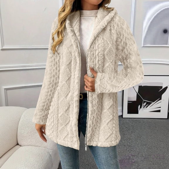 Women's Mid Length Plush Jacket, Zip Front Hooded Coat with Embossed Pattern, Short Pile Fleece Outerwear, Soft Textured Casual Top, Long Sleeve Everyday Wear Beige L