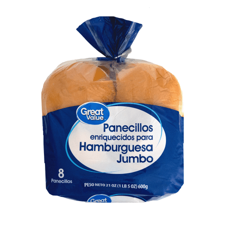 Great Value, Jumbo Hamburger Bun, Regular, Pre Sliced, 21 oz, 8 Count, Shelf Stable