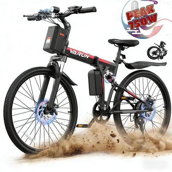 VARUN Electric Bike for Adults, 26" Foldable E-Bike with Peak 750W Motor, 48V 374.4Wh Removable Battery, up to 20  mph 50 Miles, 7-Speed Gears, Full Suspension System, Folding Electric Mountain Bike