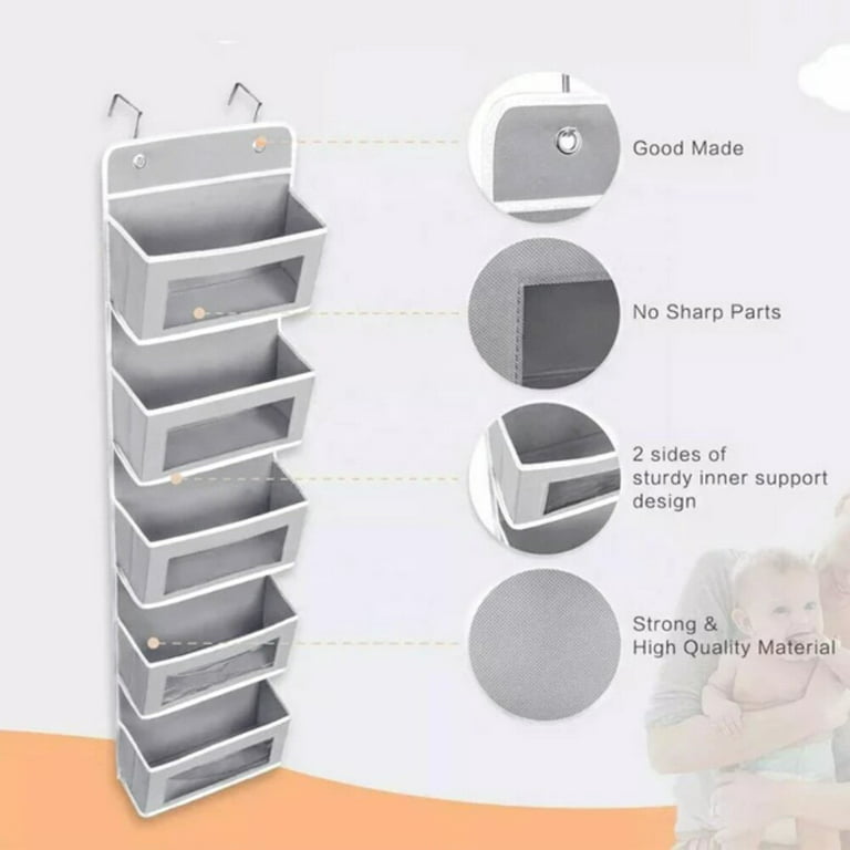 Gray Metal Organizer with 3 Storage Pockets and 4 Bottom Hooks