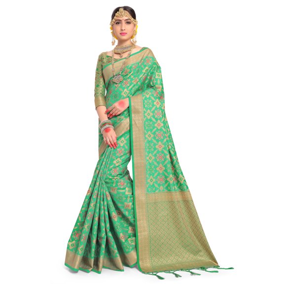 Elina fashion Sarees for Women Patola Art Silk Woven Work Saree l Indian Wedding Ethnic Sari with Blouse Piece (Green)