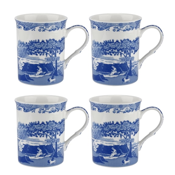 Spode Blue Italian Large Porcelain Coffee Mugs, Set of 4, 12 oz, Blue White