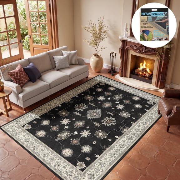 Fnova Boho Black 8 x 10 Area Rugs for Living Room, Soft Washable Bedroom Dining Room Rugs, Farmhouse Vintage Non-Slip Ultra Thin Indoor Carpet for Playroom Office Decor