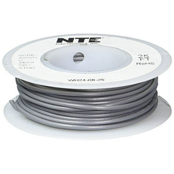 NTE Electronics WH24-08-25 Hook Up Wire, Stranded, Type 24 Gauge, 25' Length, Gray