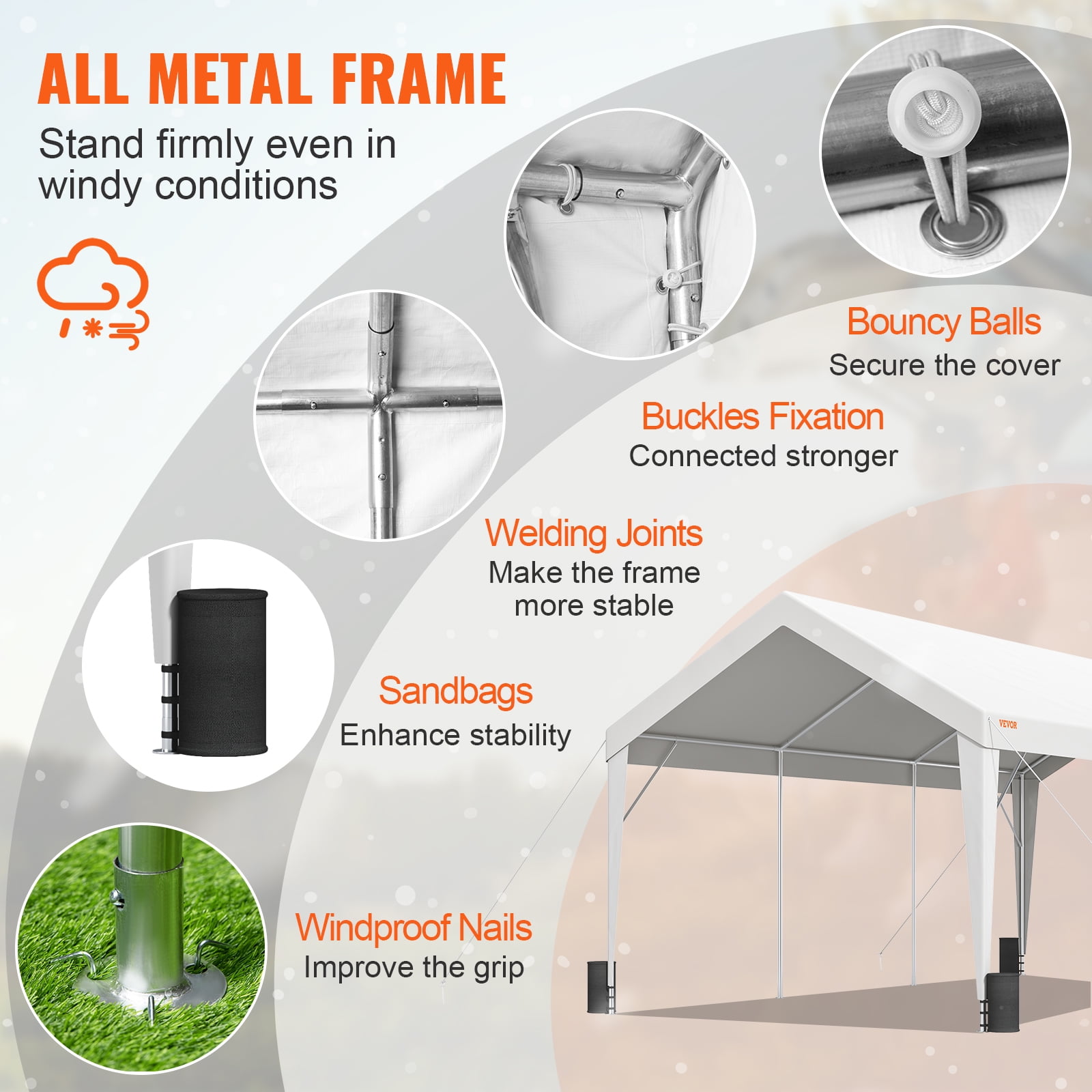 Vevor Carport Heavy Duty 10x20ft Car Canopy Outdoor Garage Shelter With 8 Reinforced Poles And 4 Weighted Bags Uv Resistant Waterproof Portable Ins