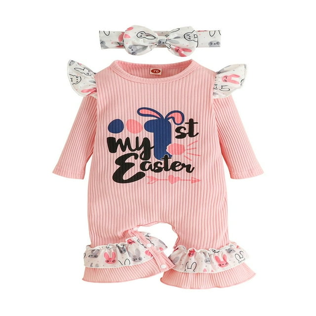 Infant Baby Girl Easter Clothes My 1st Easter Long Sleeves Ruffle Neck Ruffle Romper Bow Headband