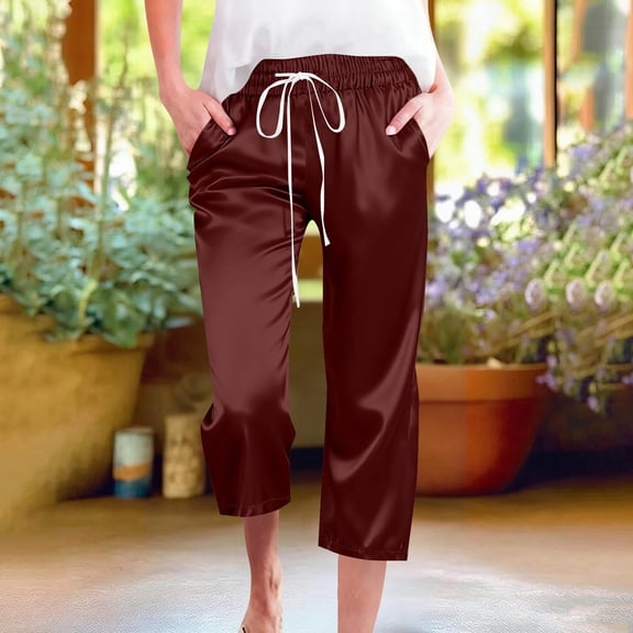 Women's Stain Capris Pants Plus Size Drawstring Elastic Waist Cropped Pants Summer Casual Solid Baggy Comfy Straight Leg Pant with Pockets