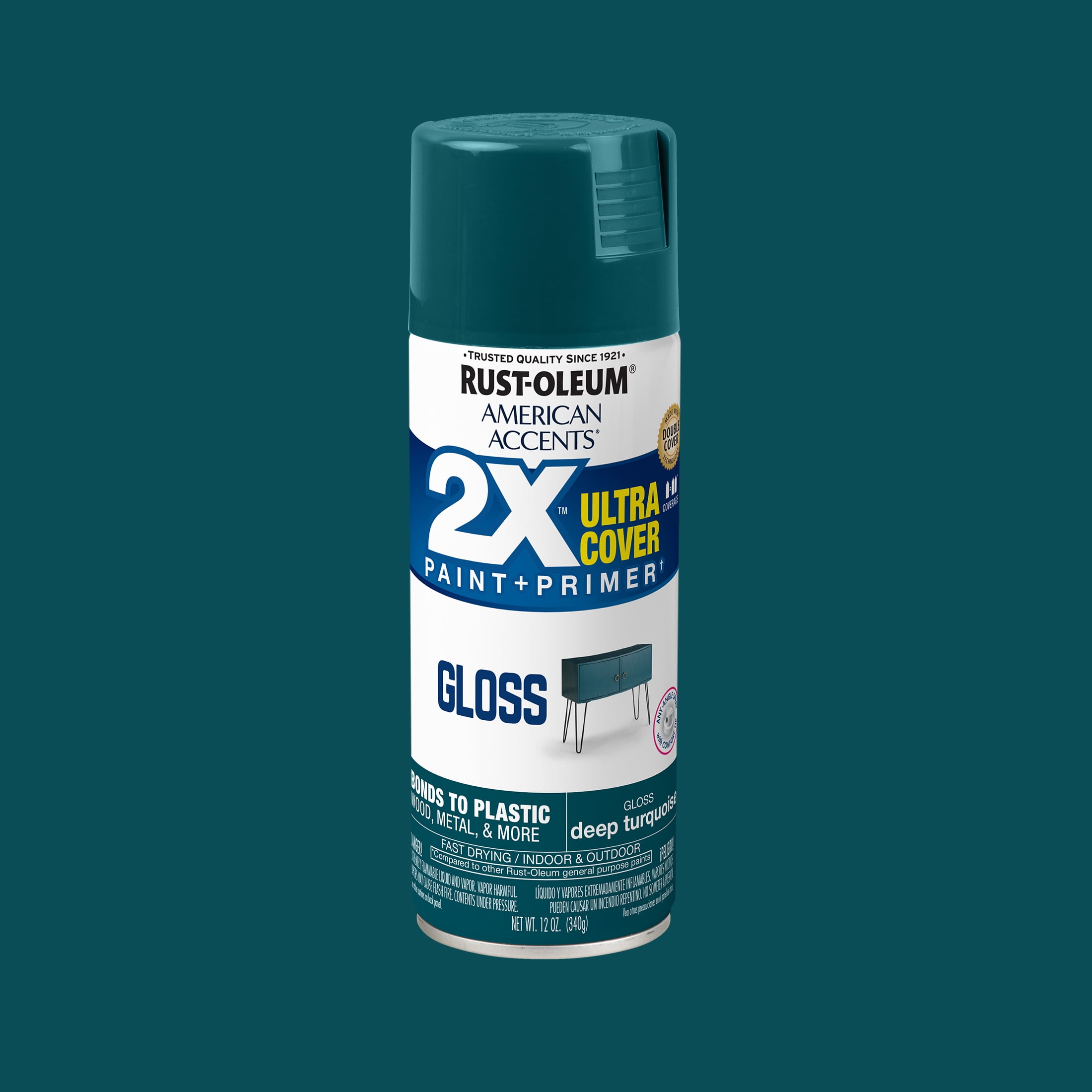 (2 pack) Deep Turquoise, Rust-Oleum American Accents 2X Ultra Cover Gloss Spray Paint-327902, 12 oz