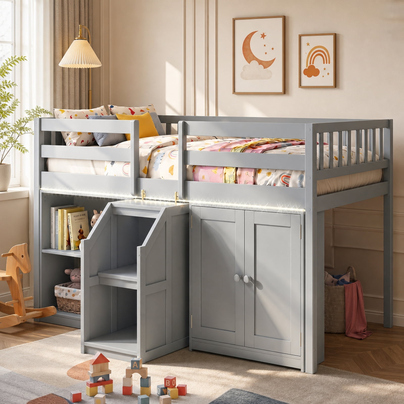 Furnibear Twin Size Loft Bed with Warm White LED Lights Storage Bookcase Cabinet Full Length Guardrails Stairs and 14 Plywood Slats, Gray