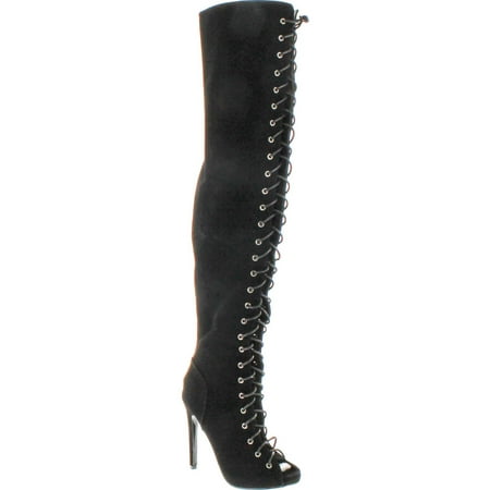 

CR Olga Thigh High Open Toe Stiletto Heel Lace Up Full Zipper Boots Nubuck Black 6.5