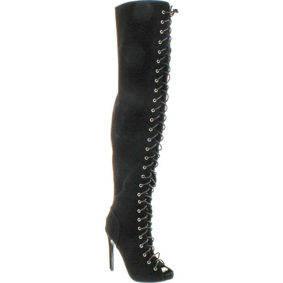 CR Olga Thigh High Open Toe Stiletto Heel Lace Up Full Zipper Boots Nubuck