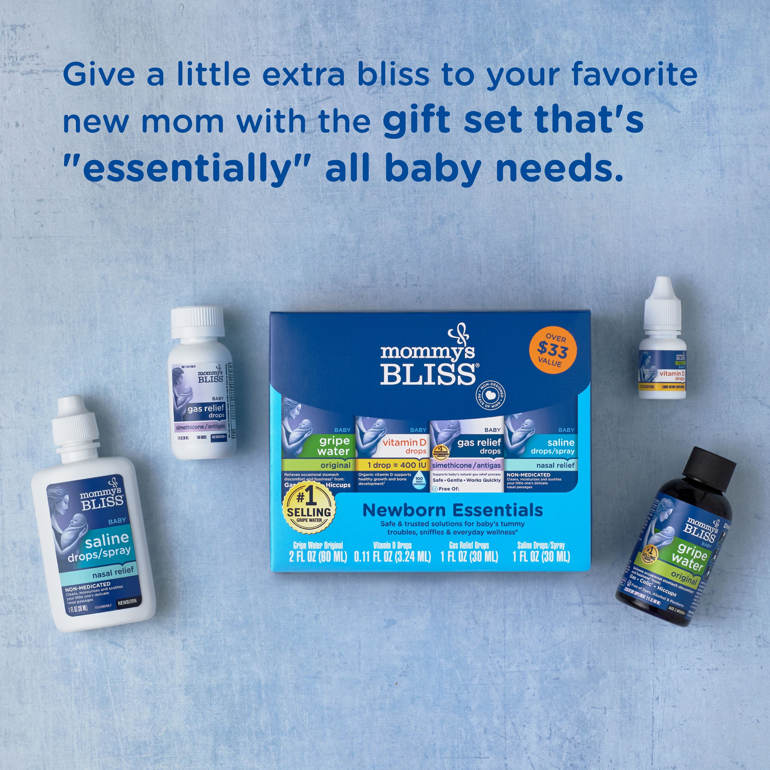 Mommy's Bliss Newborn Set, Included Gripe Water, Vitamin D, Gas Relief, Saline Drops, 4 Count