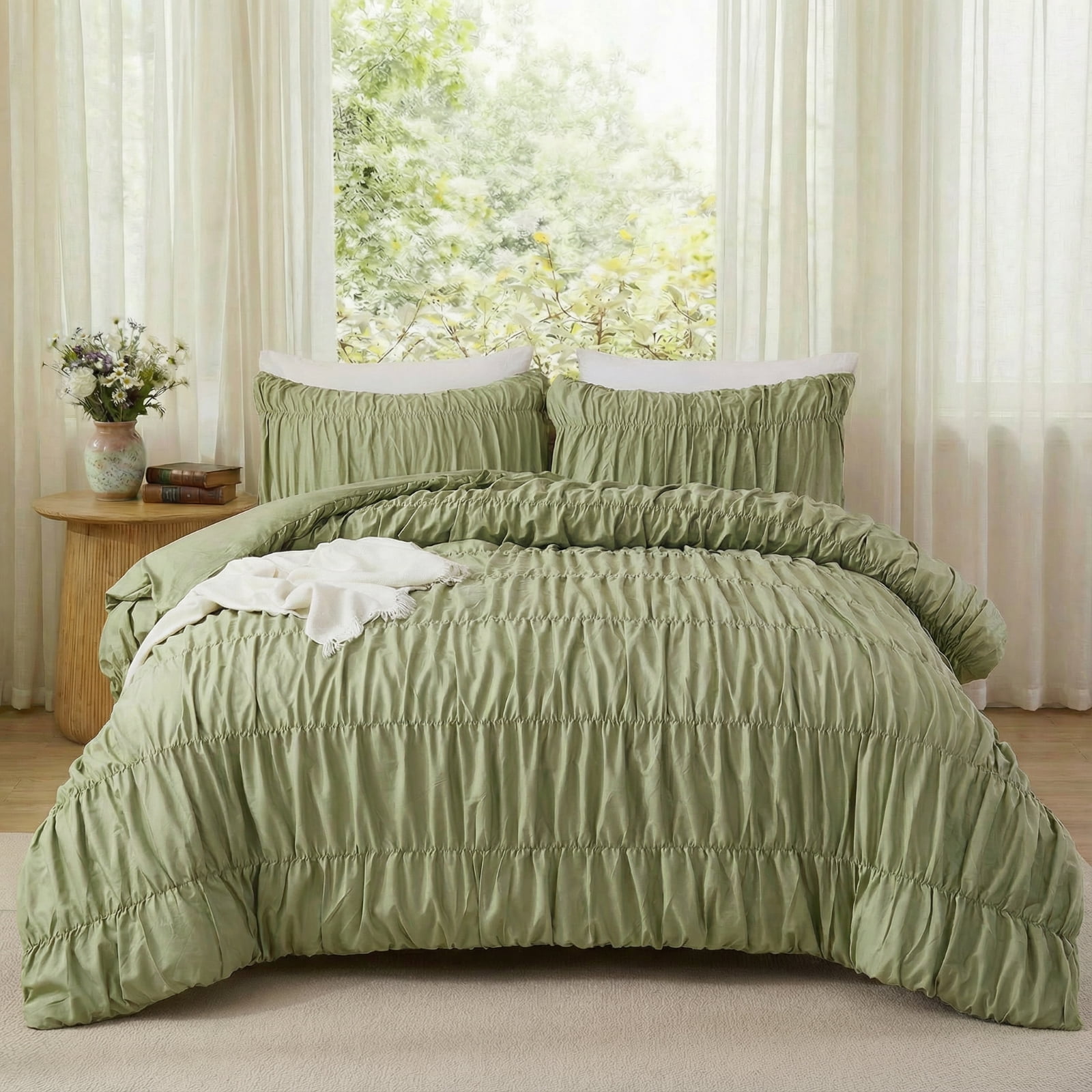 100% Cotton Green Wrinkle Duvet Cover Set Queen,Ruched Bedding Comforter Cover,Shabby Chic Ruffled 3 Pcs Queen Duvet Cover Set,Bohemian Boho Bedding Set with 1 Duvet  Cover 2 Pillowcases