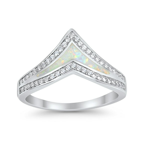 Chevron Midi V Ring Lab Created White Opal Round CZ 925 Sterling Silver Size 4