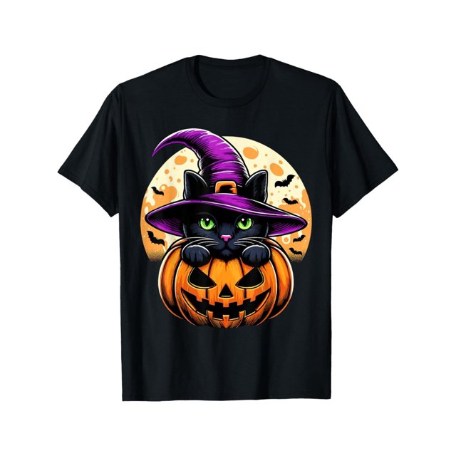 Halloween T-Shirt, 100%Cotton,Pumpkin Black Cat T-Shirt,Suitable for summer and autumn