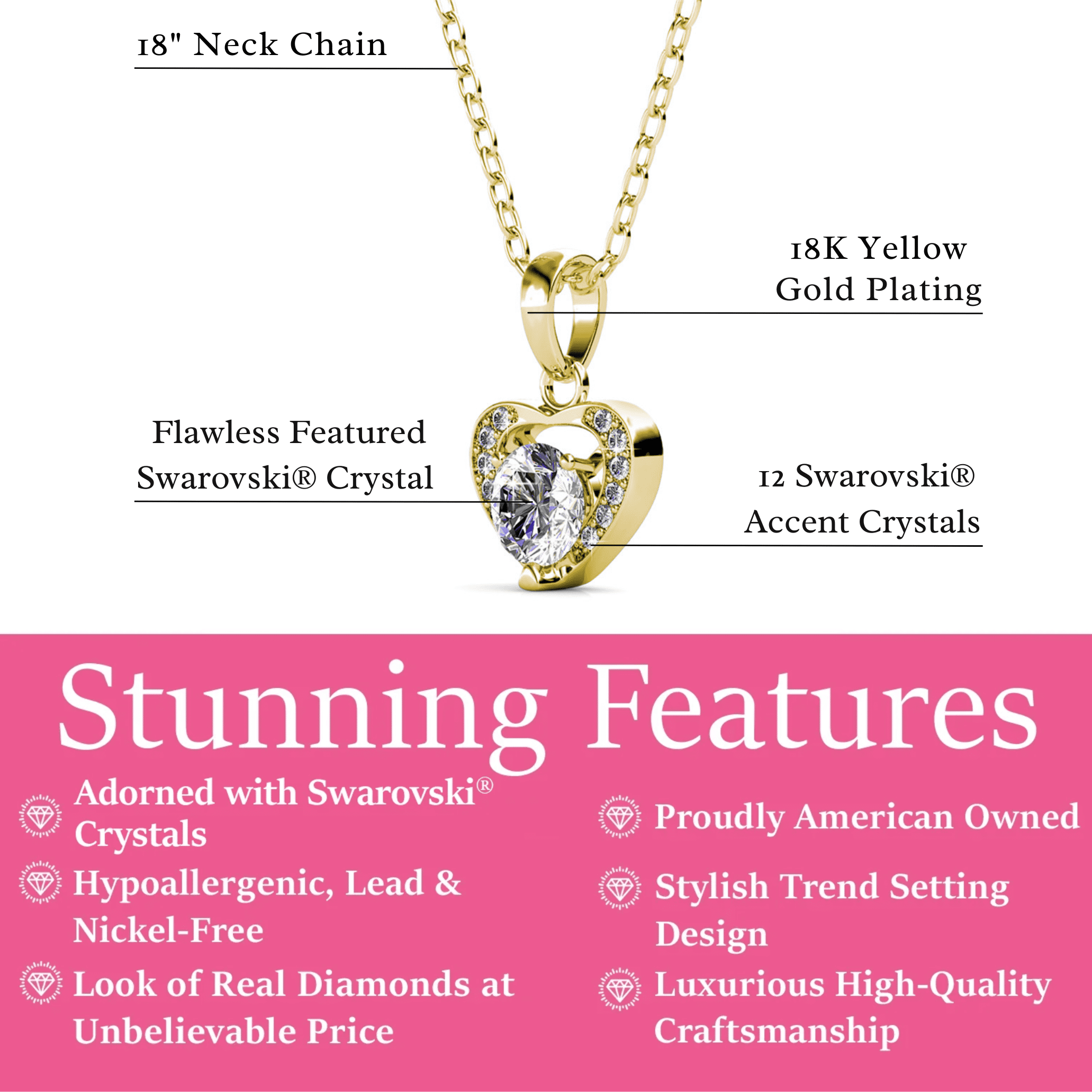 Cate & Chloe Amberly 18k Yellow Gold Plated Heart Pendant Necklace with Swarovski Crystals for Women