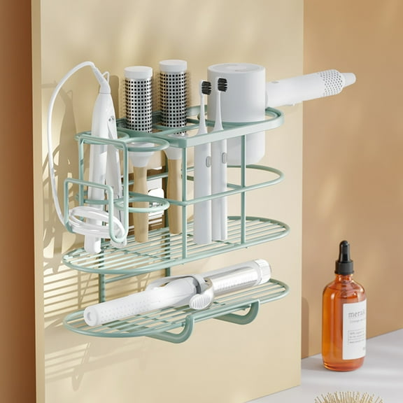 Riguas Wall Mounting Rack Multi-grid Design Wall-mounted Punch-free Nordic Style Item Storage Curling Iron Hair Dryer Integrated Storage Rack for Home