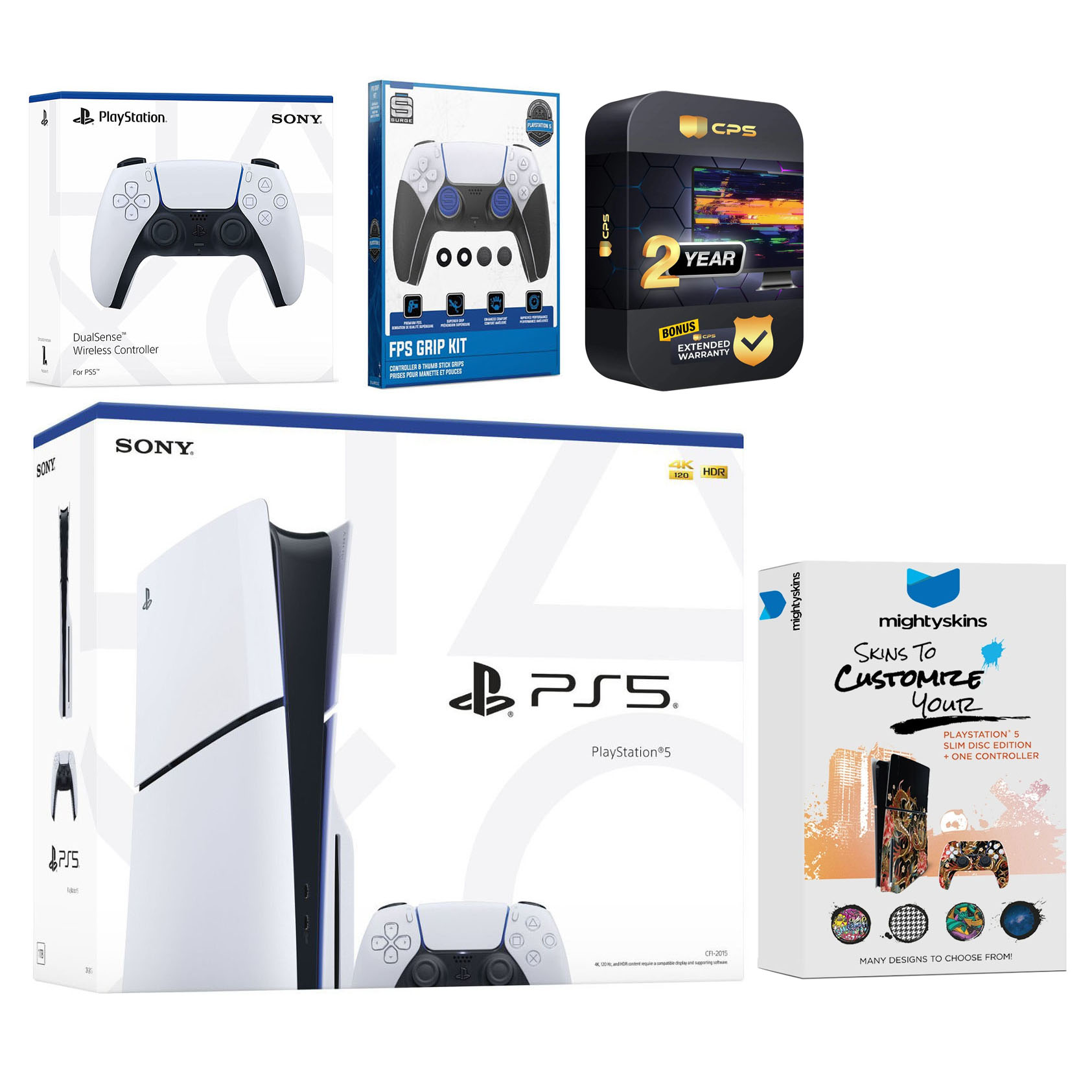 Sony Playstation 5 Slim Disc with Extra White Controller, FPS Grip Kit and MightySkins Decal Voucher Plus 2 Year CPS Extended Warranty