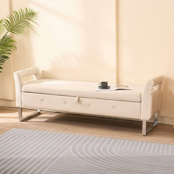 67.91"Wide Velvet Storage Soft Bench with Armrests for Living Room, Entryway and Bedroom. Beige