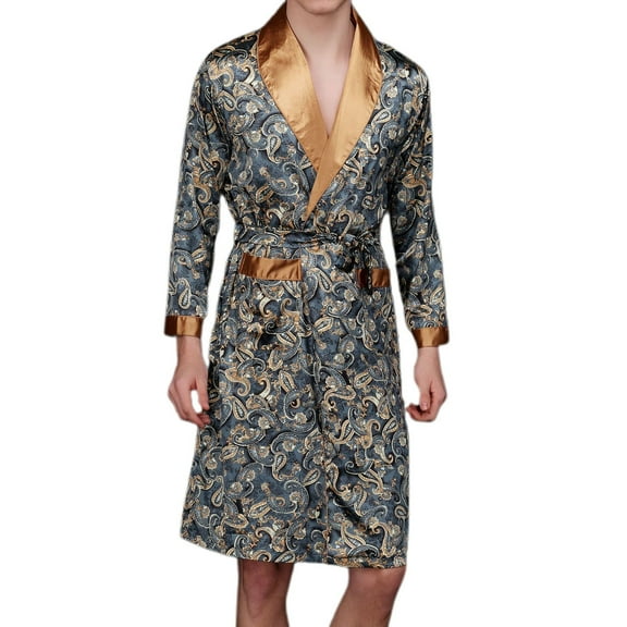 SWSMCLT Men's Long Sleeve Robe Satin Pjs Bathrobe V Neck Cool Sleeping Spandex Sleepwear Comfy Lightweight Thin Navy X-Large