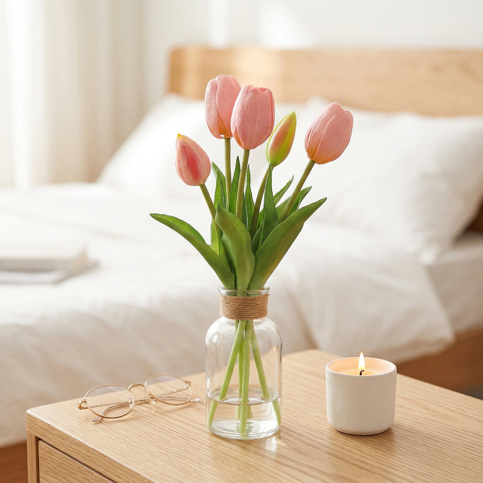 Unique Bargains Artificial Tulips Flowers 5 Pcs Silk Tulips Mini Bouquet [Pink] 9.8 in