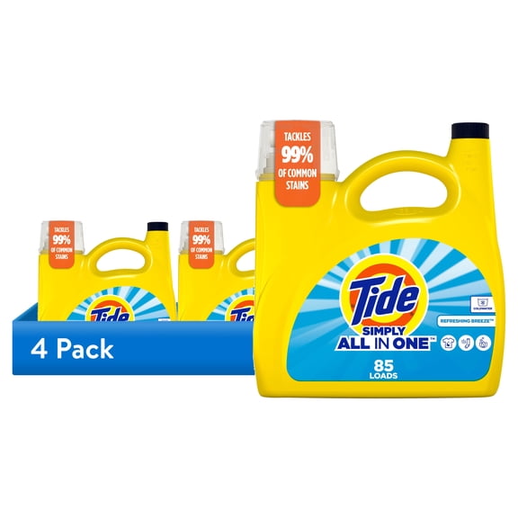 (4 pack) Tide Simply Laundry Detergent Liquid, All-In-One, Refreshing Breeze Scent, 85 Loads, 107 fl oz