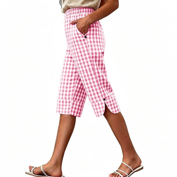 Womens Shorts Casual,Women's Gingham Bermuda Shorts Casual Elastic High Waist Short Summer Casual Side Slit Button Shorts with Pockets
