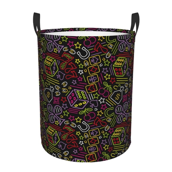 Kdxio Casino Icons Print Large Laundry Basket Waterproof Round Cotton Linen Collapsible Storage bin with Handles for Hamper Kids Room,Toy Storage-Small