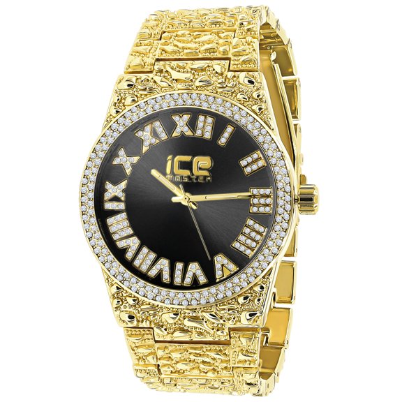 Mens Roman Numeral Dial Black Face Gold Tone Nugget Style Simulated Diamond Metal Band Watch
