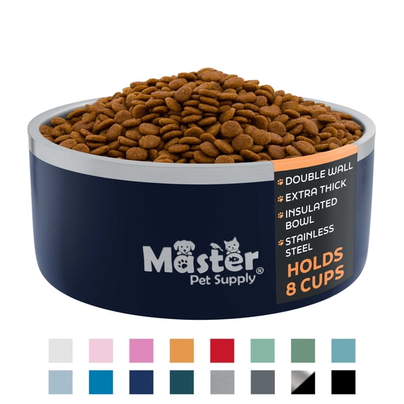 Master Pet Supply Stainless Steel Dog Bowls - 64 oz, Heavy Duty - Navy Blue, Double Wall Extra-Thick Insulated, Non-Slip Pet Water Bowl for Dogs, Cats & Pets, Anti Rust Metal, Dish Washer Safe