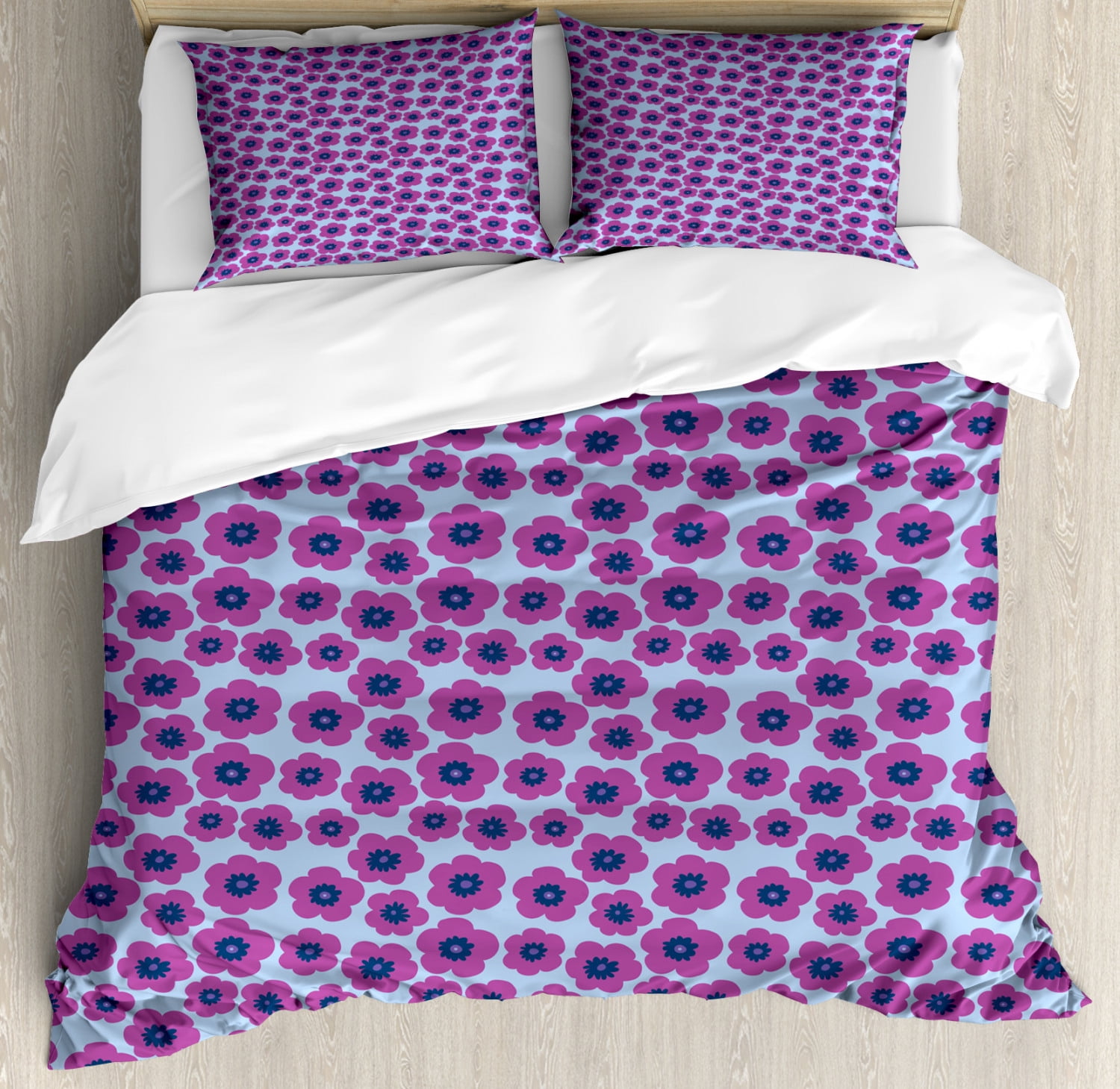 Vibrant Duvet Cover Set Queen Size Repetitive Basic Hand Drawn Pink Poppies Purple Tones Print 3 Piece Bedding Set With 2 Pillow Shams Fuchsia Blue Violet Pale Ceil Blue By Ambesonne
