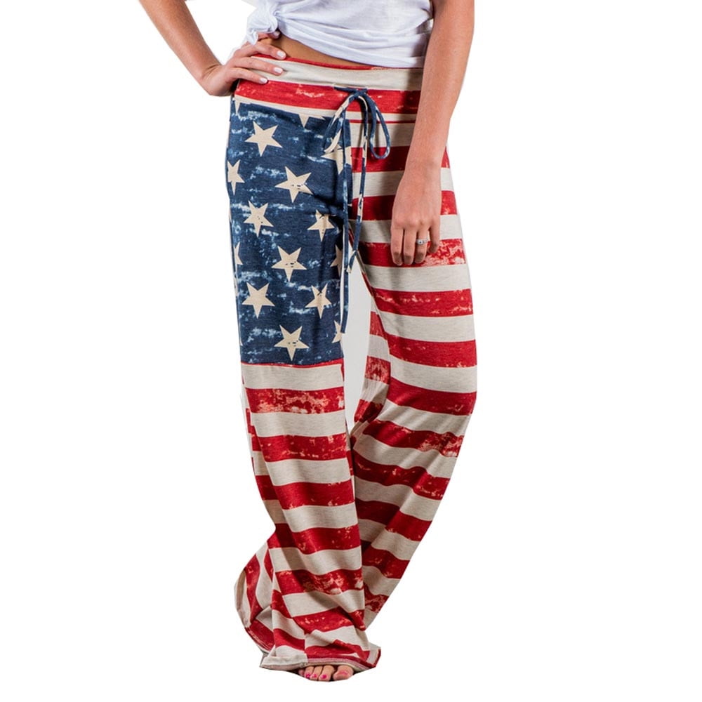 WUAI Womens Wide Leg Pants Clearance Casual Ourdoors Vacation American Flag Drawstring Elastic Waist Active Pants
