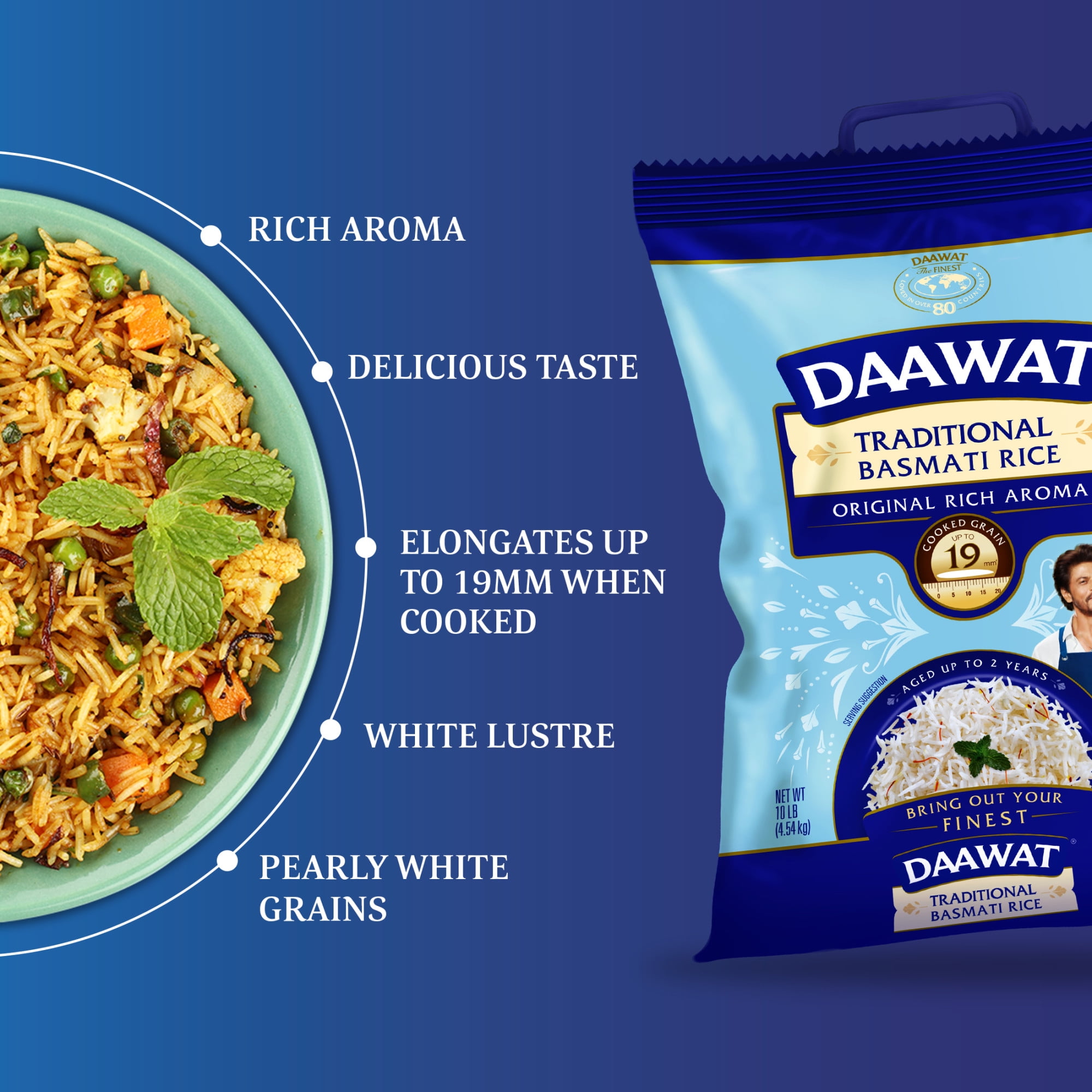 Daawat Traditional Basmati White Rice - Authentic Long Grain Basmati Rice - Non-Sticky, Fluffy, Nutty, Aromatic Rice, Vegan Food, Healthy Meals, Gluten-Free, 10 lb Bag