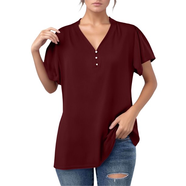 Camiseta informal de color liso con cuello en V y botones - Cierre clásico con botones, cuello en V versátil, transpirable
