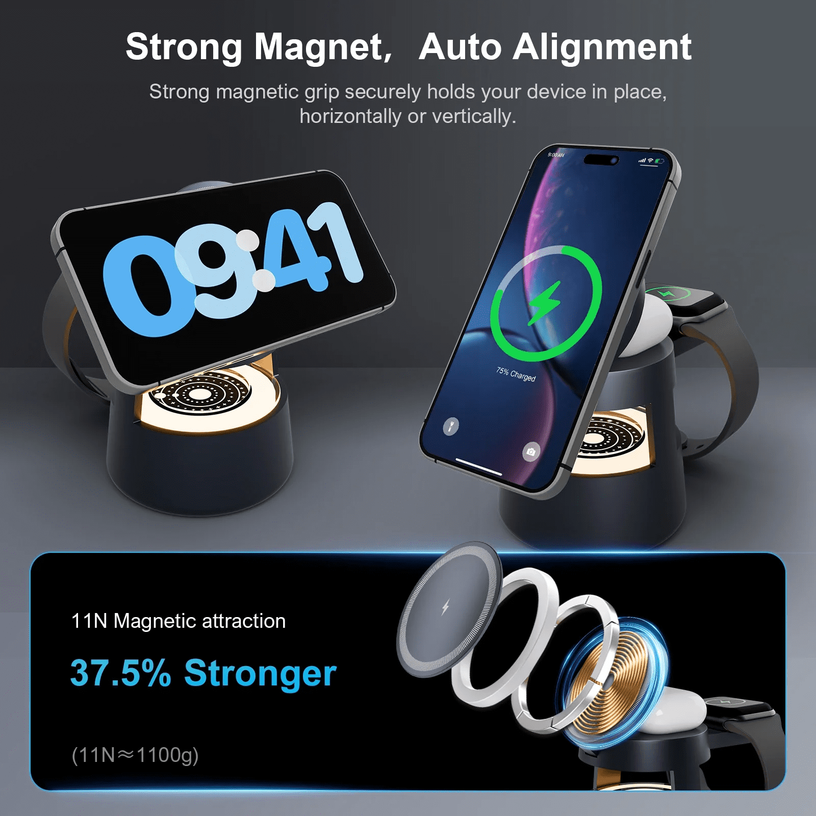 Magnetic Wireless Charger,4 in 1 Fast Charging Station Compatible for iPhone 17 16 15 14 13 12 11 8 X XR SE,3 Adjustable Light Desk Charging Station for Watch, AirPod(Black)