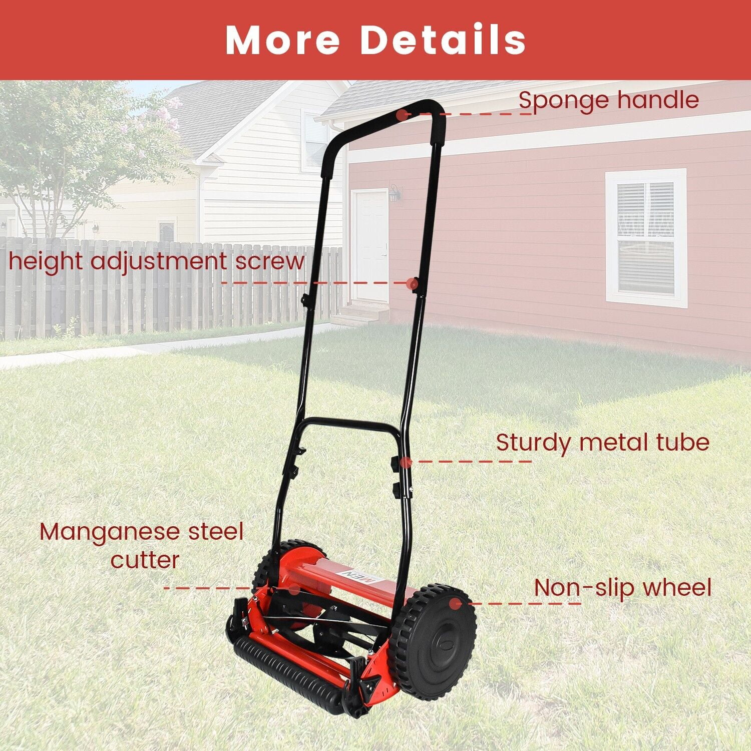 iMeshbean 14-Inch 5-Blade Manual Reel Lawn Mower, 2 Wheels Adjustable Handle Height Hand Push Lawn Catcher,High Efficiency Push Reel Lawn Mower, Red