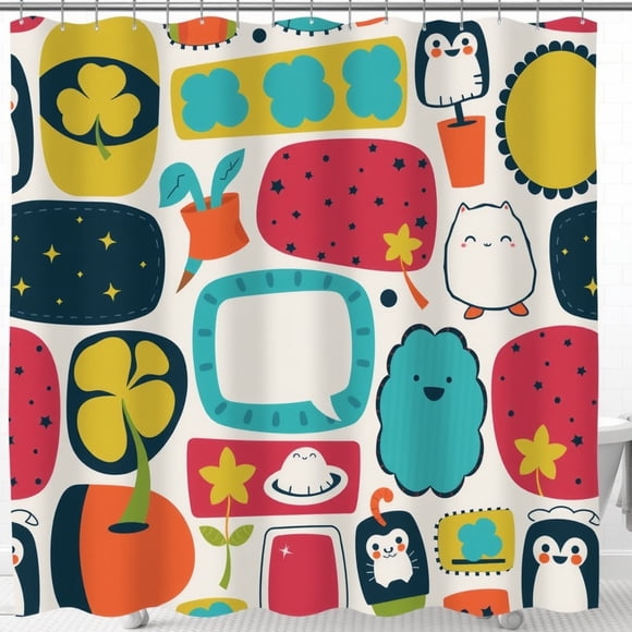 Whimsical Cartoon Character Shower Curtain - Bright Colors, Cute & Fun Shapes for a Playful Bathroom Decor