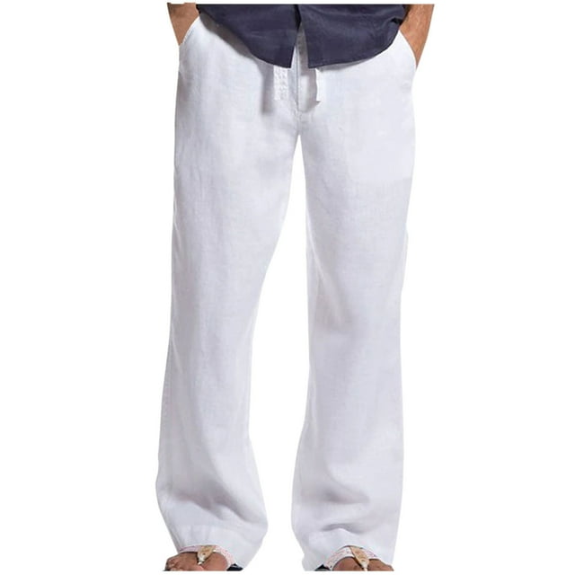 Mens Summer Elastic Waist Drawstring Pocket Cotton Hemp Beach Breathable Sports Long Pants