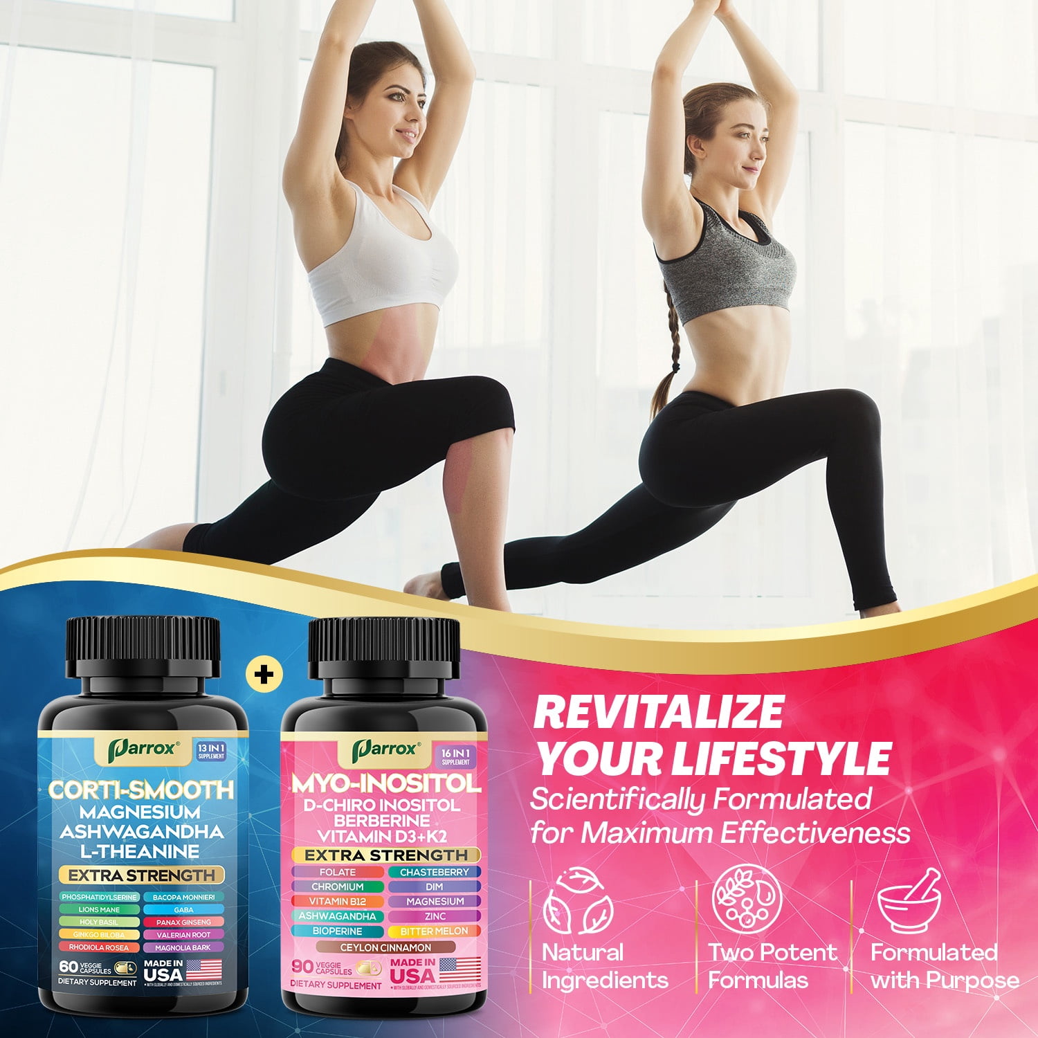 Parrox Cortisol & Myo-Inositol Supplement Bundle, Soothe & Smooth Bundle, Cortisol Balance, GABA, Magnesium, Ashwagandha, L-Theanine, D-Chiro Inositol, Folate, Berberine, Chasteberry, Zinc (3 Pack)