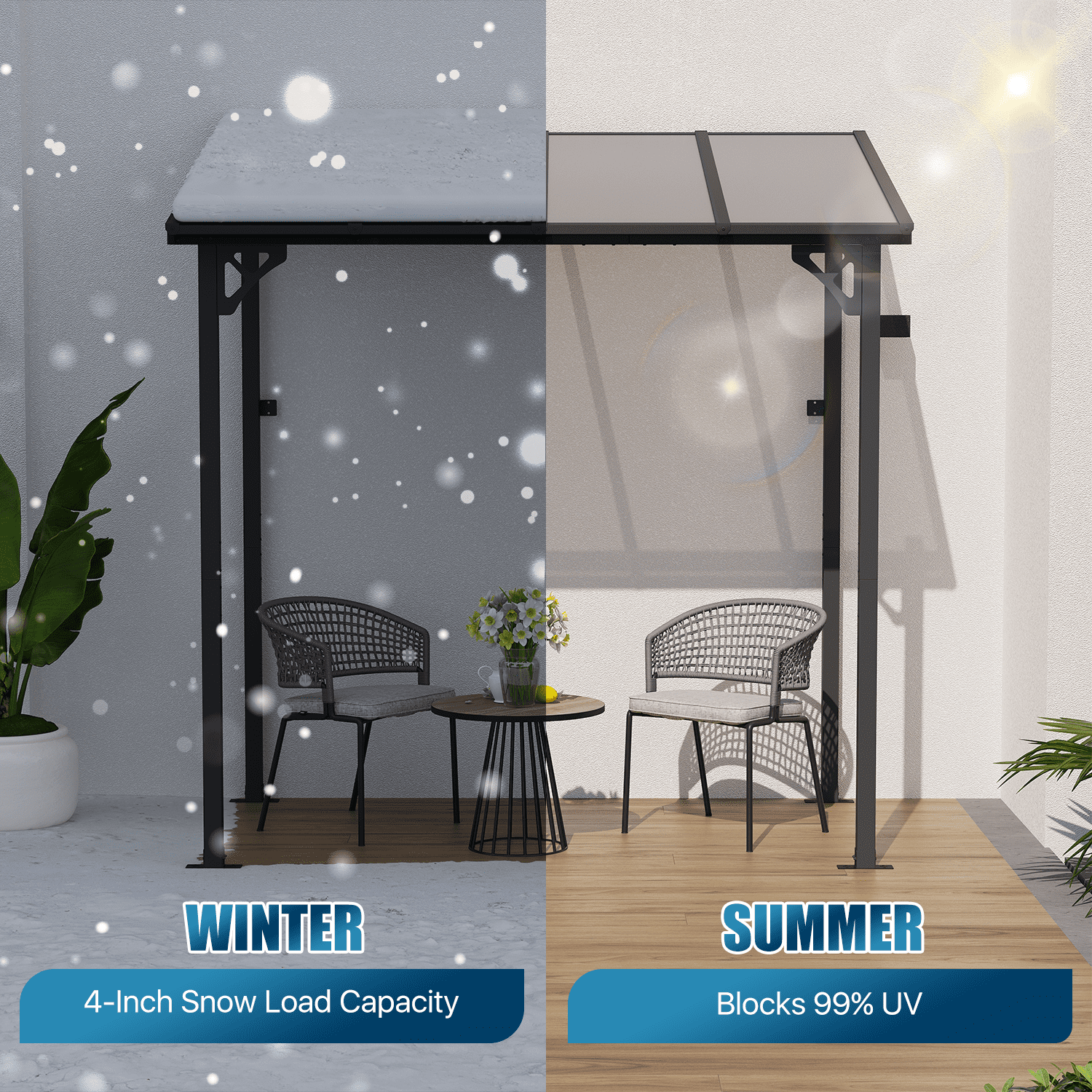 BaPiPro Outdoor Hardtop Gazebo for Patio 8' x 5', Wall-Mounted Lean to Gazebo Pergola with Roof