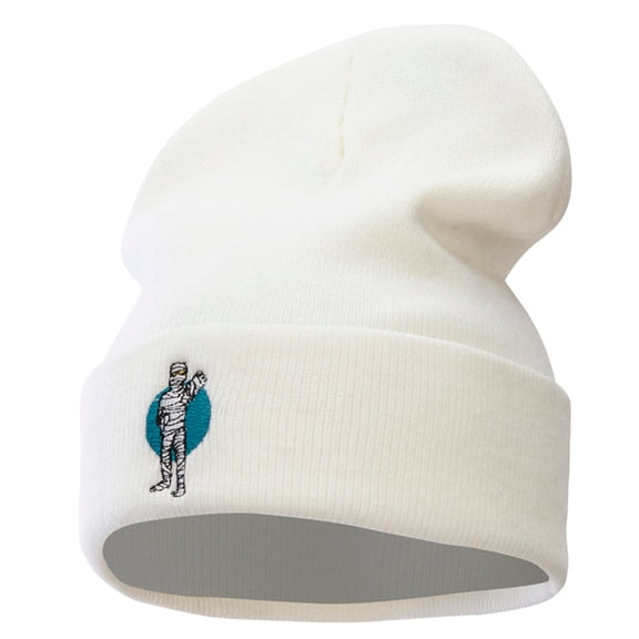 Halloween Mummy Walking Embroidered Long Knitted Beanie - White OSFM