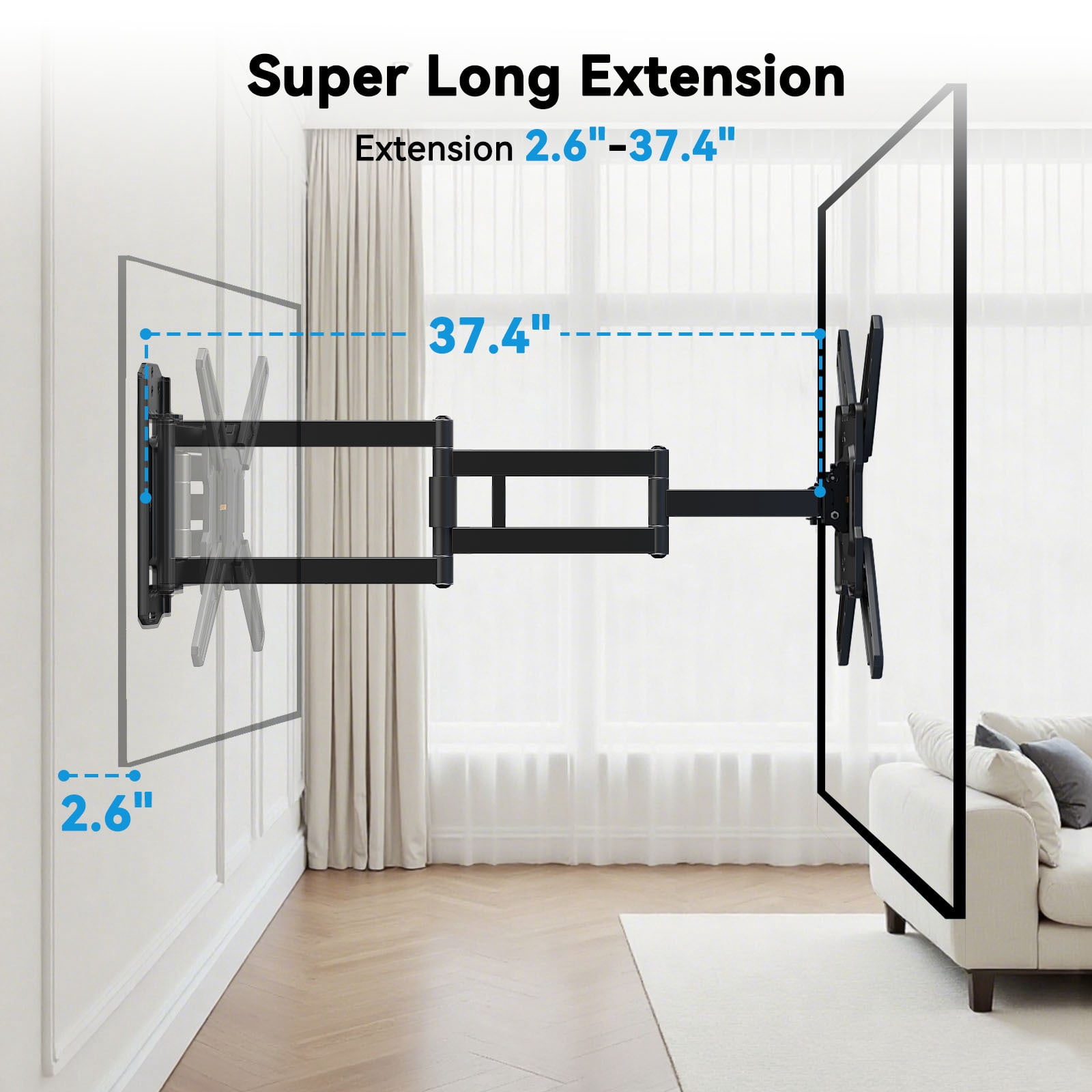 MountFTV Full Motion Long Arm TV Mount for 26-65" TVs, 37.4" Long Extension, Up to 110 lbs, Max 400 x 400mm, Corner TV Wall Mount Bracket with Tilt, Swivel, Single Wood Studs
