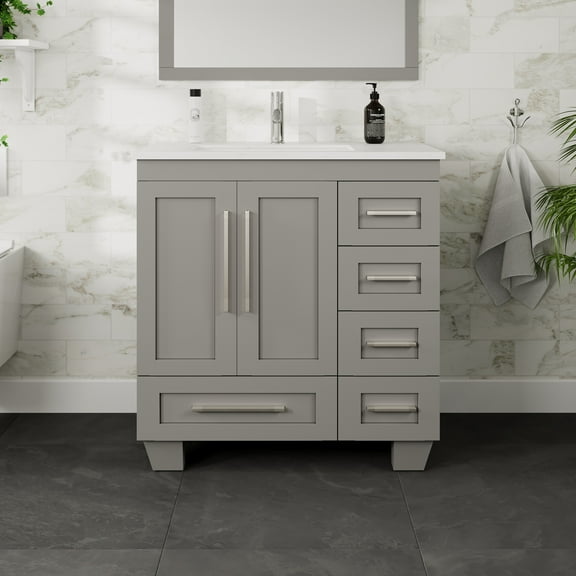 Eviva Loon 30"W x 22"D Gray Bathroom Vanity with White Carrara Quartz Vanity Top and Rectangular Undermount Sink