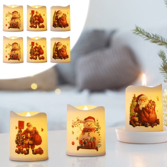 Xihbxyly Juego de Velas Navideñas con Diseño de Papá Noel y Muñeco de Nieve, Ambiente Festivo Acogedor, Decoración para Sala de Estar, Dormitorio y Comedor, 6 Velas de Imitación, Perfectas para Noche