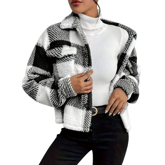 Wowcloth Women's Fall Winter Plaid Fleece Long Sleeve Lapel Collar Jacket - Casual Hoodless Outerwear for Daily Wear & Outdoor Activities