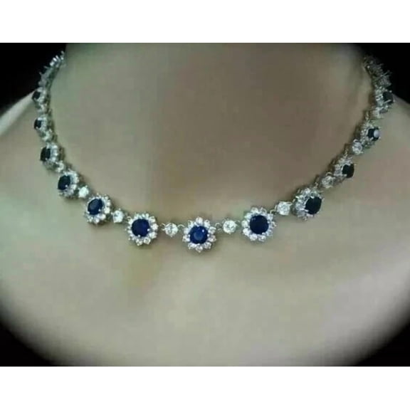 15Ct Round Lab-Created Sapphire Women's Tennis Necklace 14K White Gold Finish