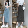 thumbnail image 4 of Yokua Womens Button Zippered Jeans Skirt High Waist Split Front A Line Long Skirts, 4 of 18